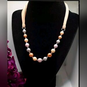 20 inch pastel faux pearl chain and leather necklace